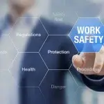 Mano che seleziona un esagono blu con la scritta “WORK SAFETY” all’interno di un’interfaccia digitale composta da più esagoni trasparenti riportanti parole legate alla sicurezza sul lavoro, come regulations, health, protection e procedure