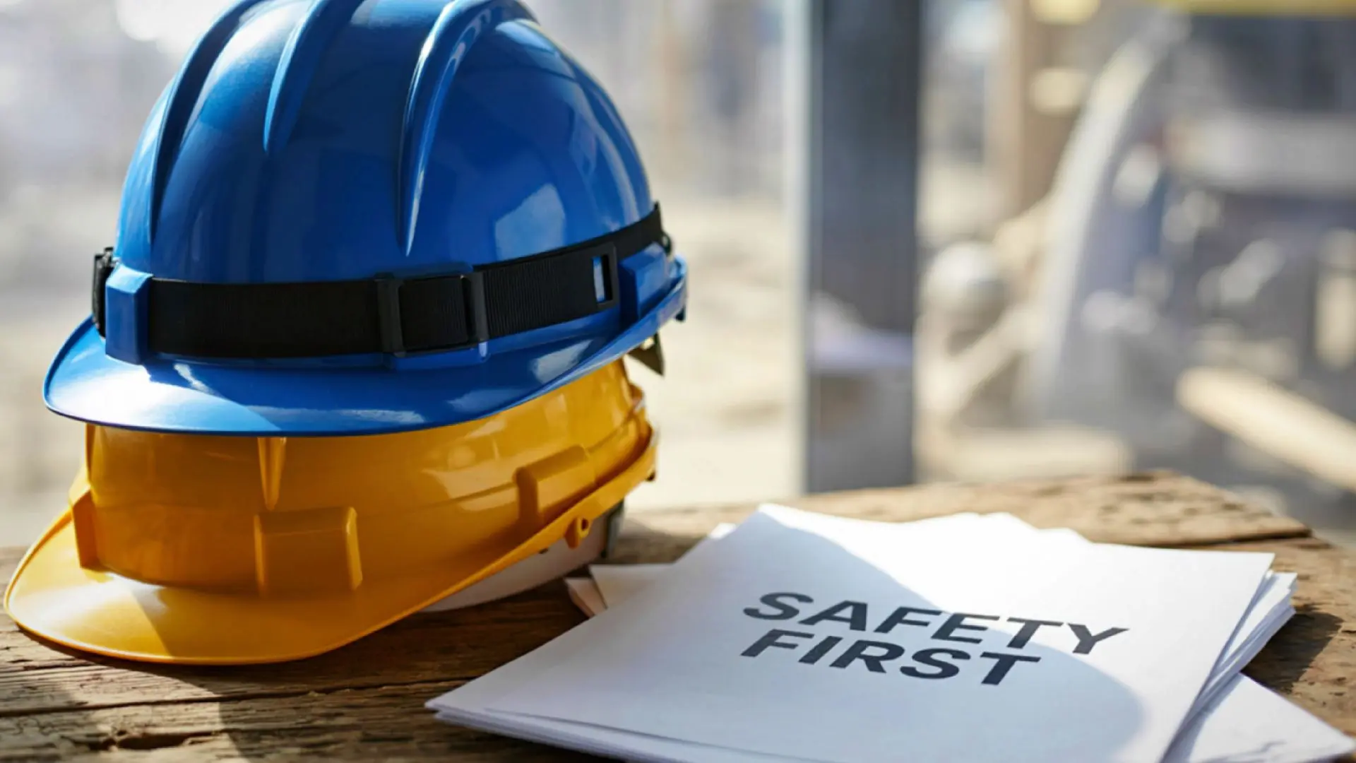 Caschi di protezione appoggiati su un piano in legno accanto a documenti con la scritta “SAFETY FIRST”, a rappresentare gli investimenti per salute e sicurezza sul lavoro previsti dal Bando ISI INAIL.