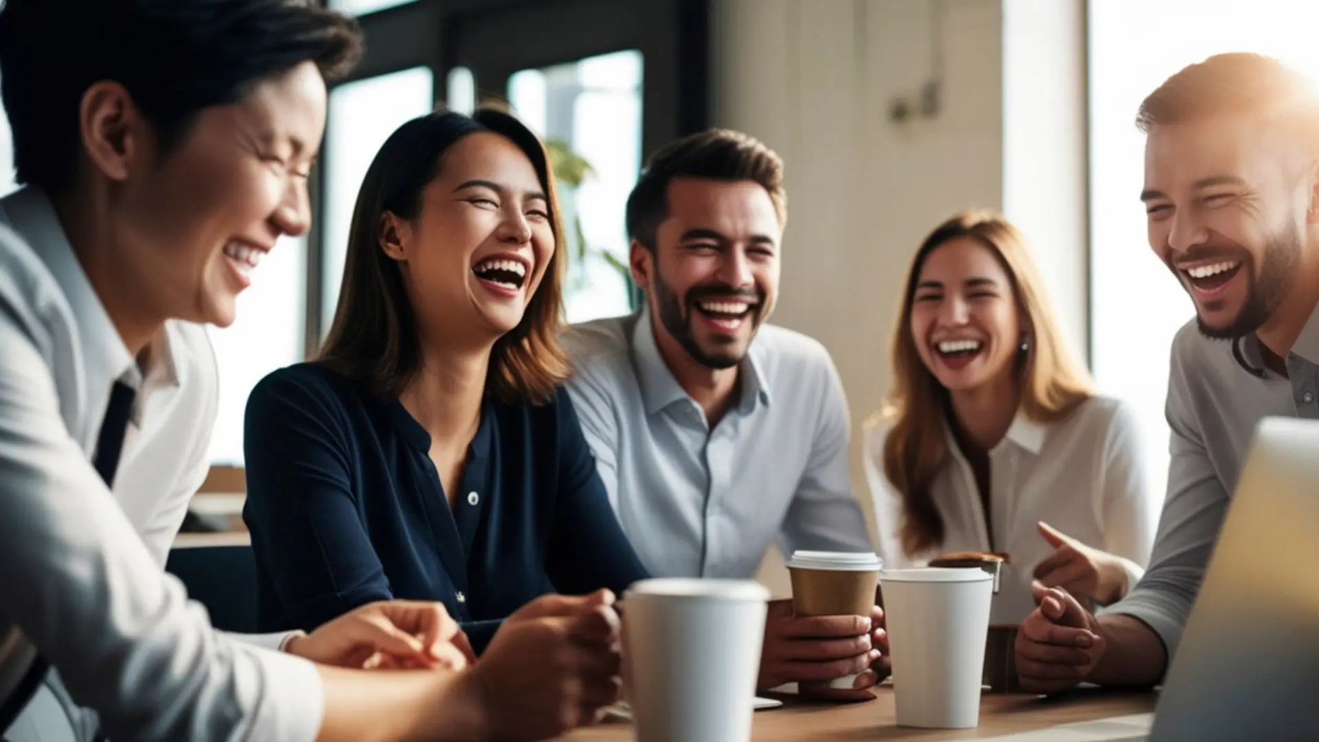 Gruppo di persone sedute attorno a un tavolo in un ambiente d’ufficio, con bevande calde e un computer portatile in primo piano, durante un momento di confronto informale che rappresenta iniziative di welfare aziendale e benessere organizzativo.