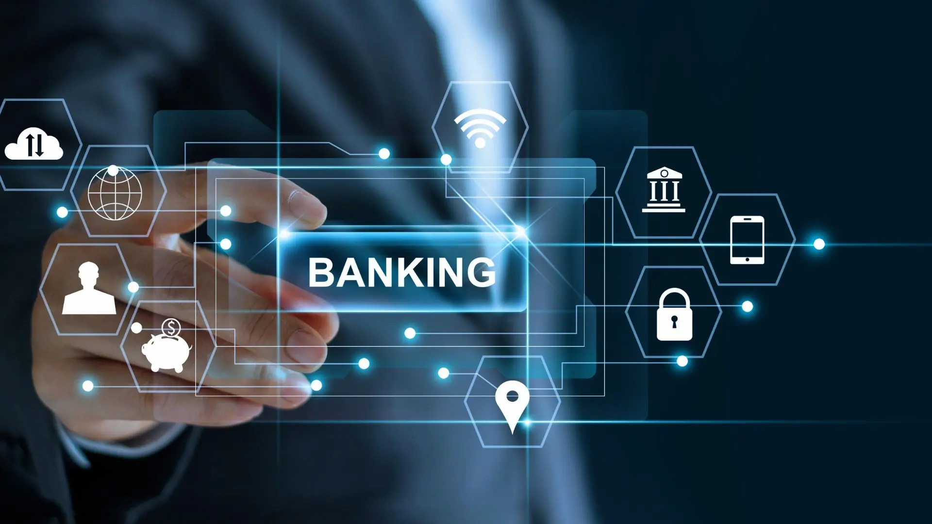Interfaccia digitale con icone legate ai servizi finanziari e un tasto con la scritta “BANKING” selezionato da una mano, a rappresentare innovazione, digitalizzazione e nuove dinamiche nel settore bancario.