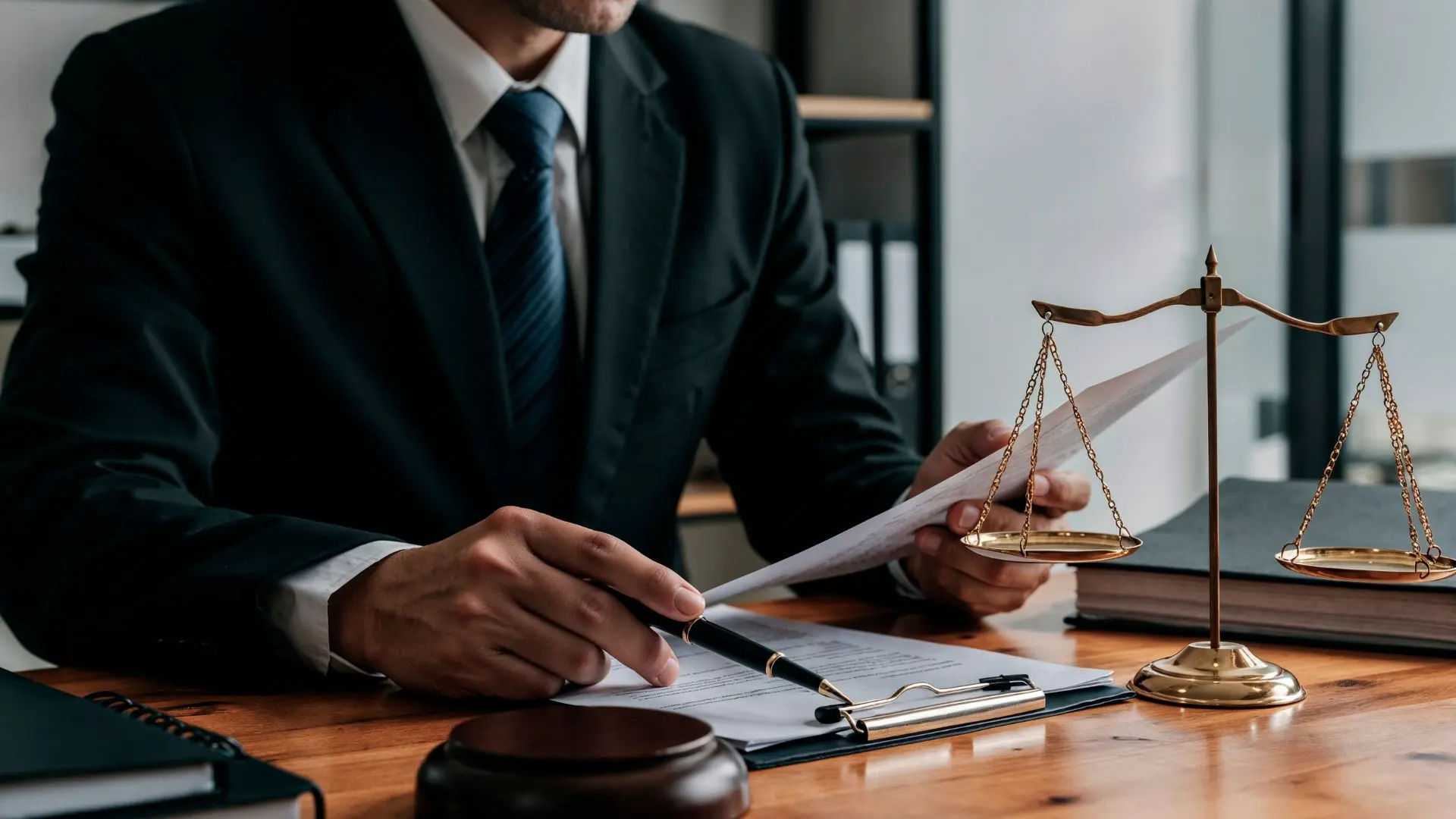 Persona seduta a una scrivania con documenti, bilancia simbolica della giustizia e martelletto, in un ambiente professionale, a rappresentare attività normative, fiscali e giuridiche