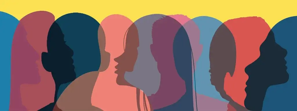 Illustrazione con profili umani sovrapposti in diversi colori, a rappresentare diversità, inclusione e pluralità di prospettive in un percorso formativo sulla parità di genere.