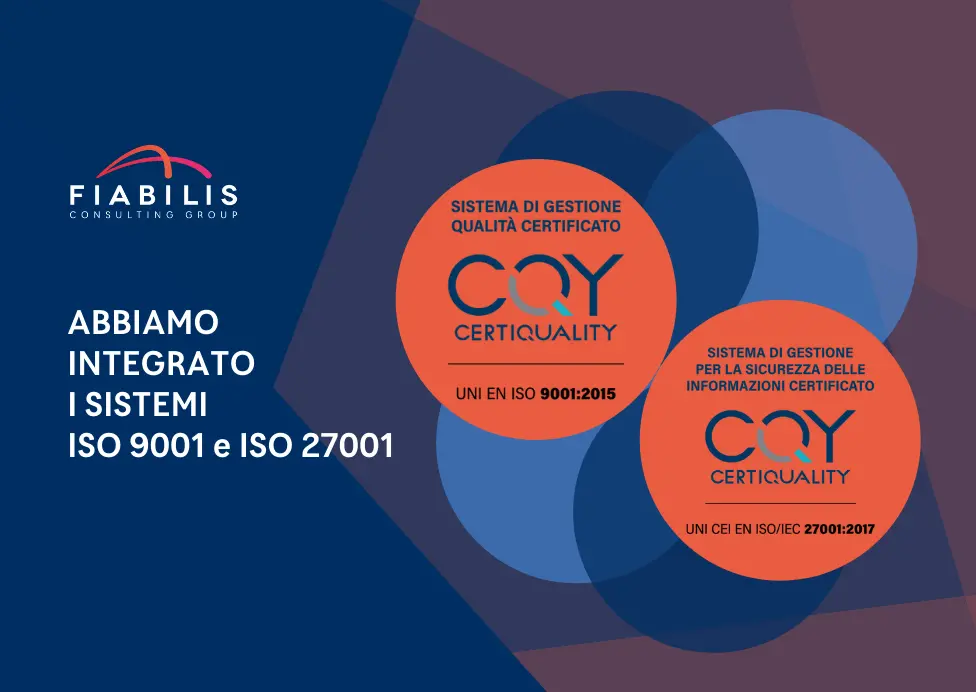 Due persone in abbigliamento professionale conversano in un ambiente d’ufficio; accanto, su sfondo blu, compaiono il logo Fiabilis Consulting Group, il badge Great Place to Work Certified e la scritta “Orgogliosi di esserlo #gptwcertified”.