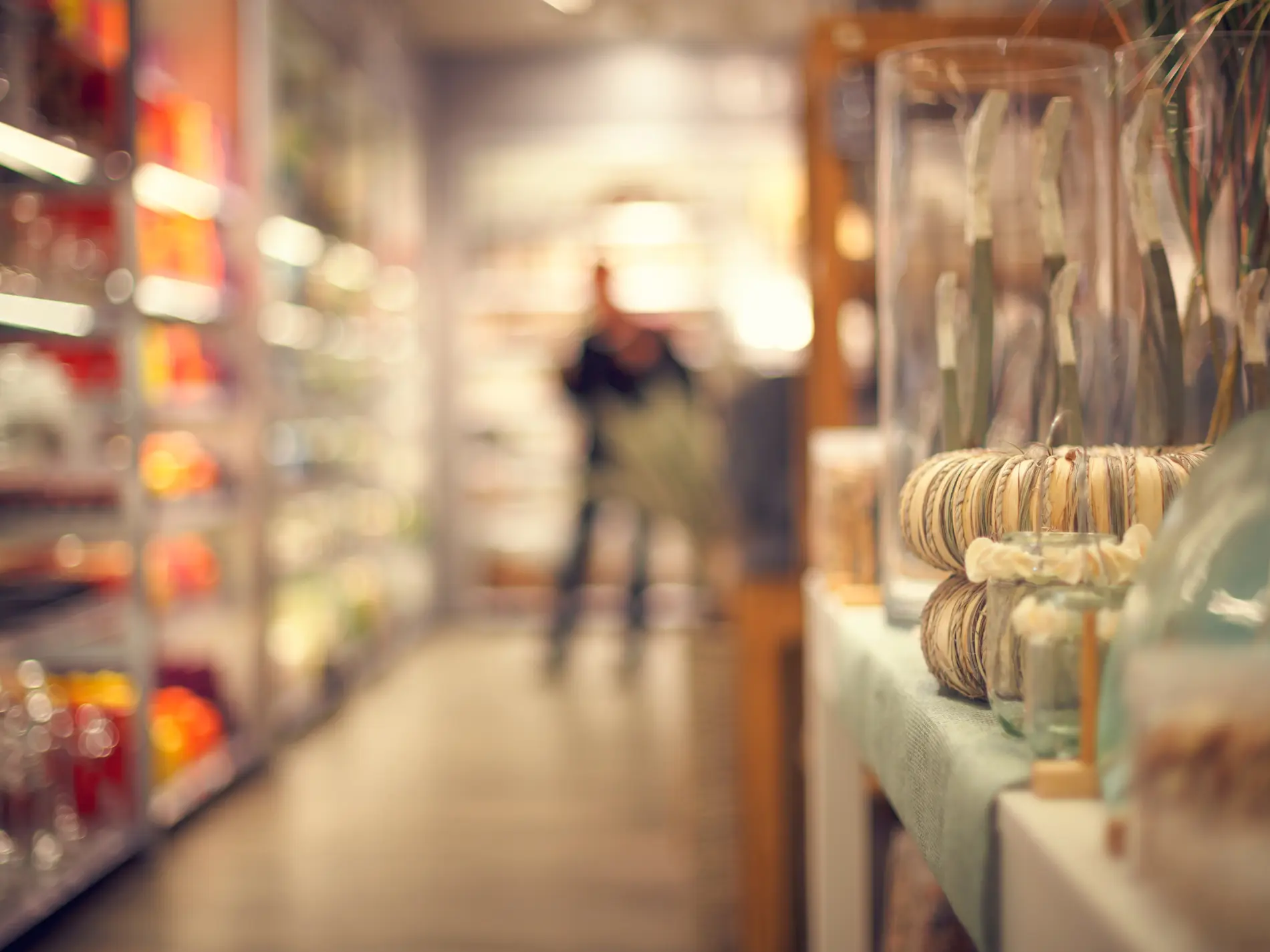 Interno di un negozio con oggetti espositivi in primo piano e la figura sfocata di un cliente tra gli scaffali sullo sfondo. Immagine rappresentativa di un grande magazzino operante nel settore del commercio all'ingrosso e al dettaglio.
