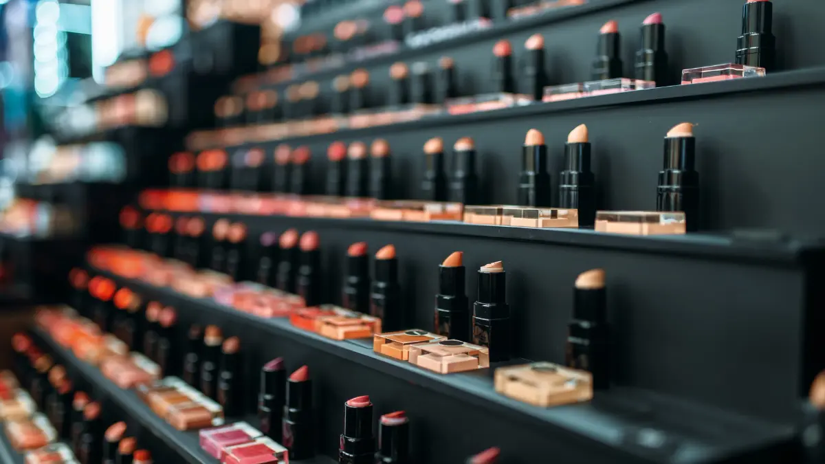 Scaffale espositivo con file ordinate di rossetti e prodotti di make-up assortiti. Immagine rappresentativa per un'azienda operante nel settore dell'imballaggio e confezionamento di prodotti cosmetici.