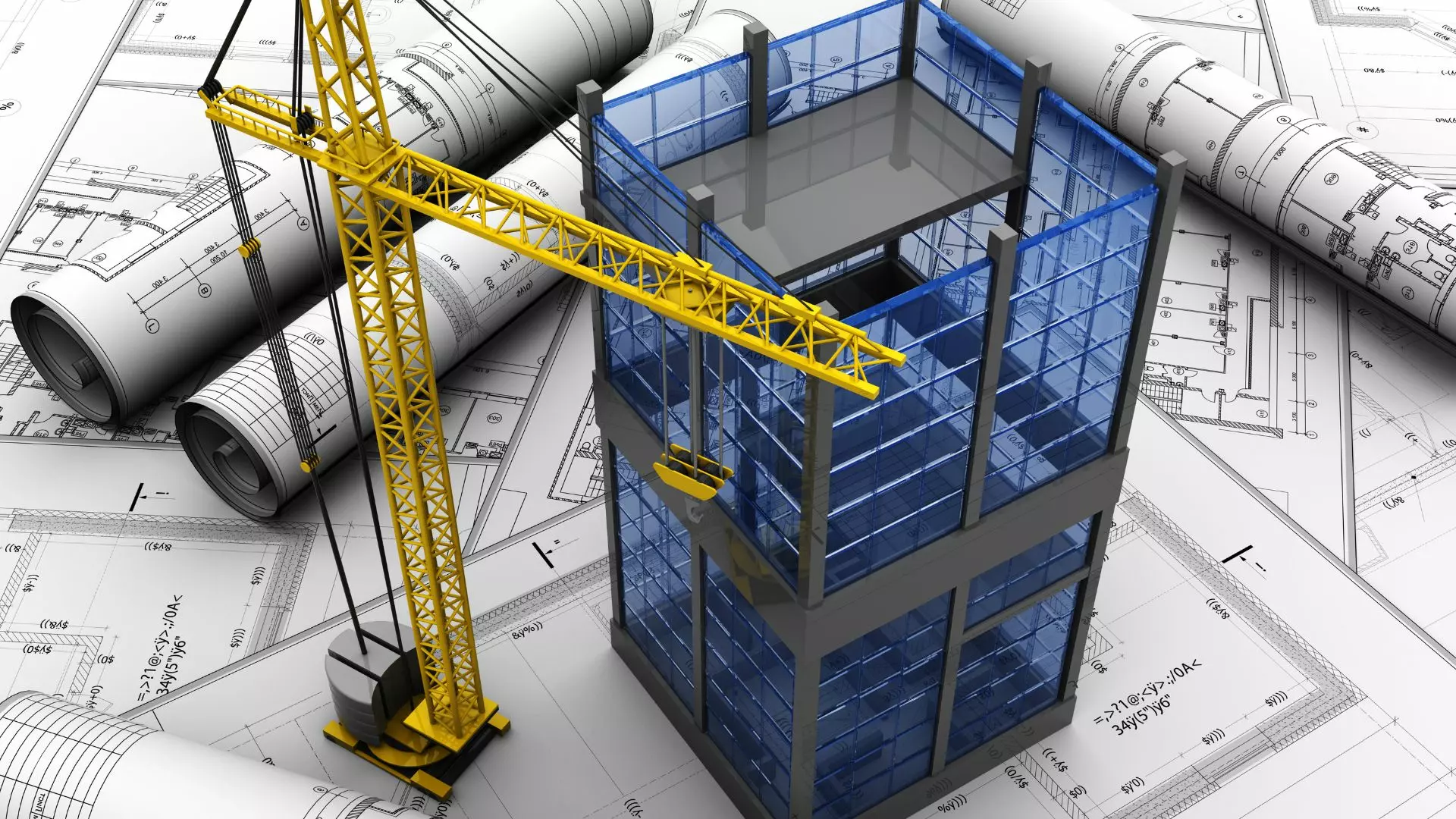 Rendering 3D di un edificio con vetrate in costruzione, affiancato da una gru gialla e appoggiato su dei progetti cartacei e planimetrie. Immagine rappresentativa per un'azienda del settore edile.