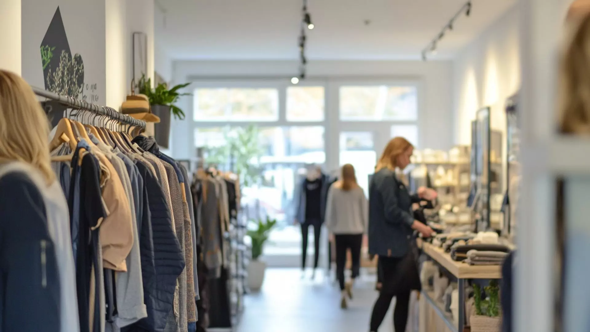 Interno di un moderno negozio di abbigliamento con capi appesi ordinatamente su stand e clienti che osservano i prodotti sullo sfondo. Immagine rappresentativa per un gruppo internazionale di retail abbigliamento che ha ottimizzato i costi del personale.