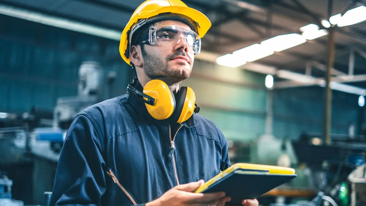 Lavoratore all'interno di un impianto industriale con casco, occhiali protettivi e tablet, a rappresentare gli investimenti in prevenzione per la salute e sicurezza sul lavoro.