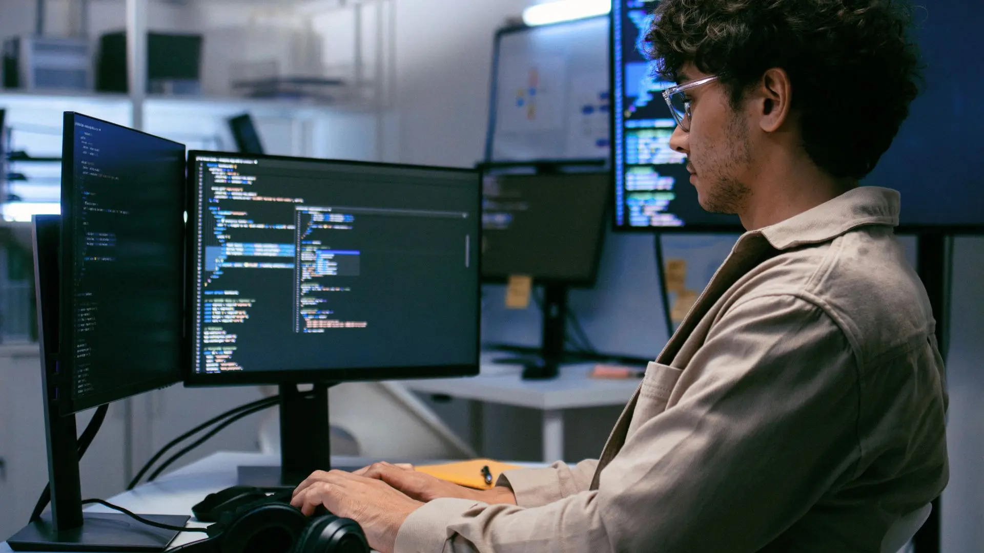 Professionista al lavoro su monitor con stringhe di codice, a rappresentare l'analisi dei dati tramite il nostro simulatore per individuare gli Aiuti di Stato.