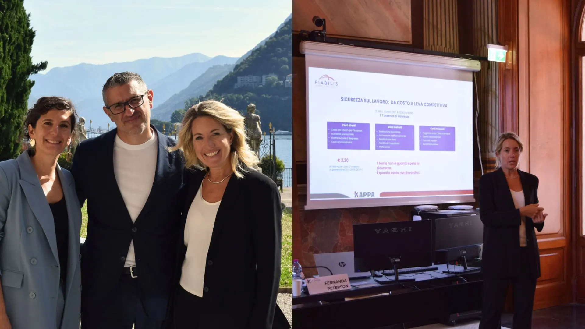 Relatori della Kappa Convention a Villa Gallia, Como, e slide Fiabilis sulla sicurezza sul lavoro come leva competitiva e valore per le imprese