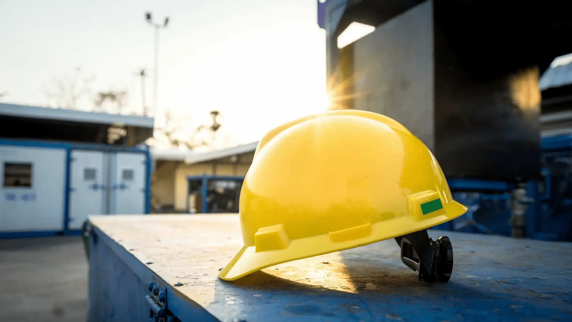 Casco di protezione giallo in un cantiere all'alba, simbolo della prevenzione e della sicurezza sul lavoro promossa dal modello OT23 INAIL