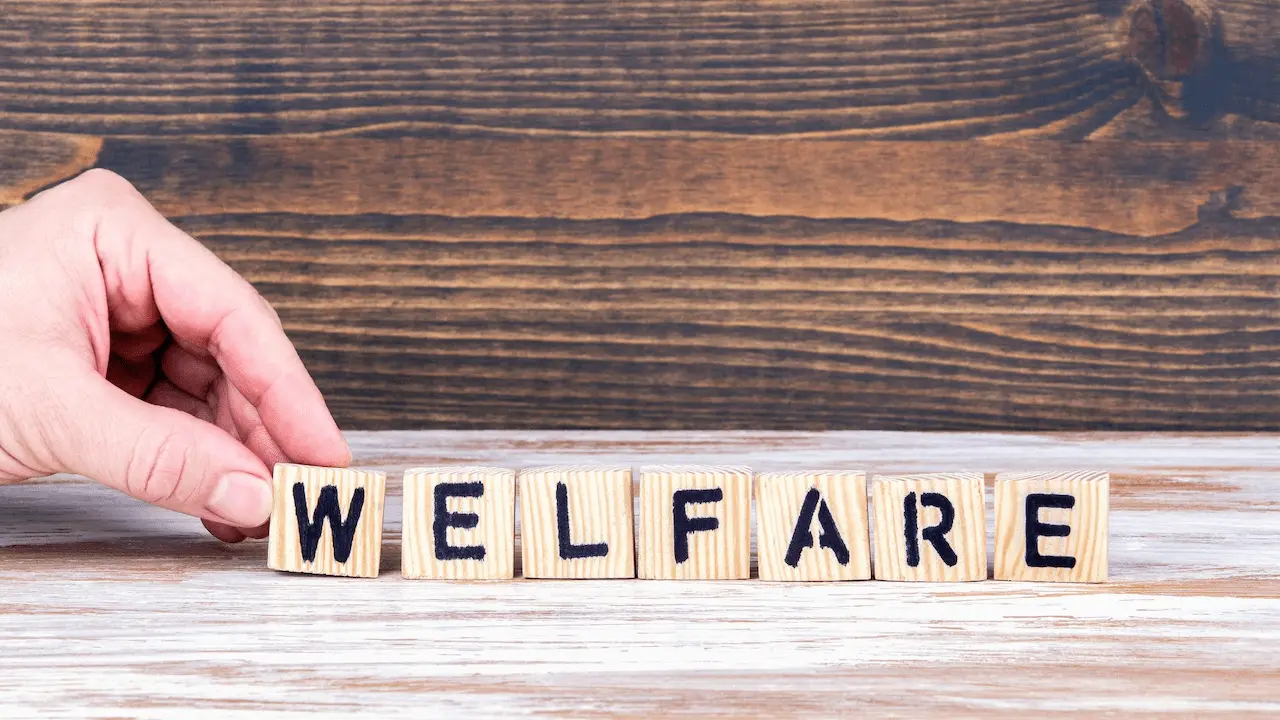 Mano che compone la parola welfare con cubi di legno su un tavolo, a rappresentare la costruzione di un piano di welfare aziendale con vantaggi fiscali per ridurre il costo contributivo.